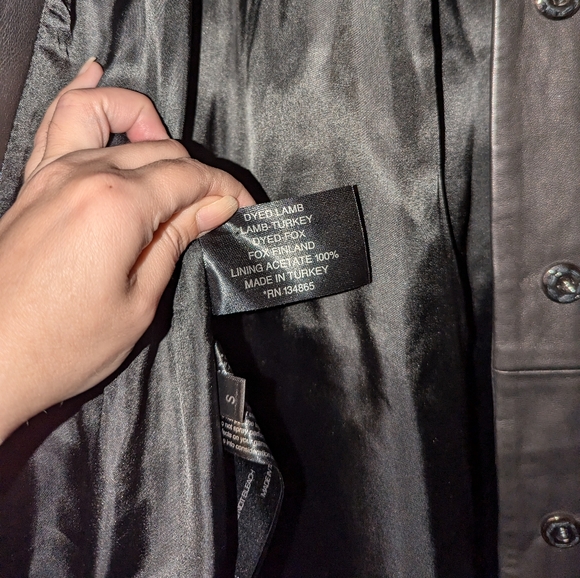 Lamb Fox Fur Collar Genuine Leather Brown Button Front Tunic Jacket Coat Small - Picture 9 of 12